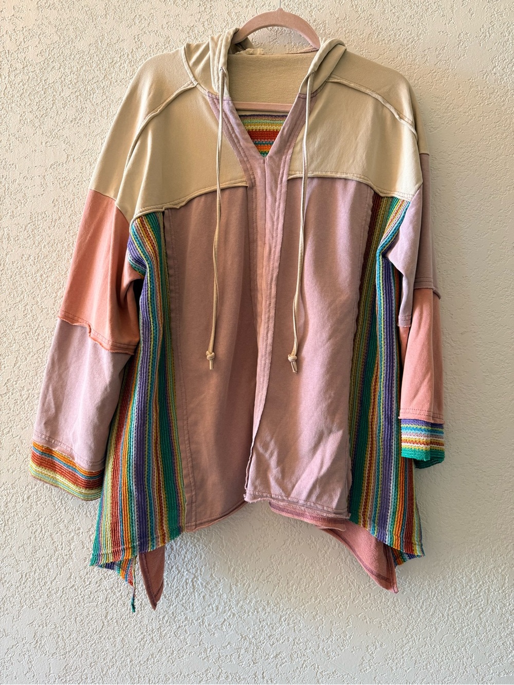 EASEL Los Angeles Rainbow Crochet Cotton Bohemian Patchwork Relaxed Hoodie Sz S
